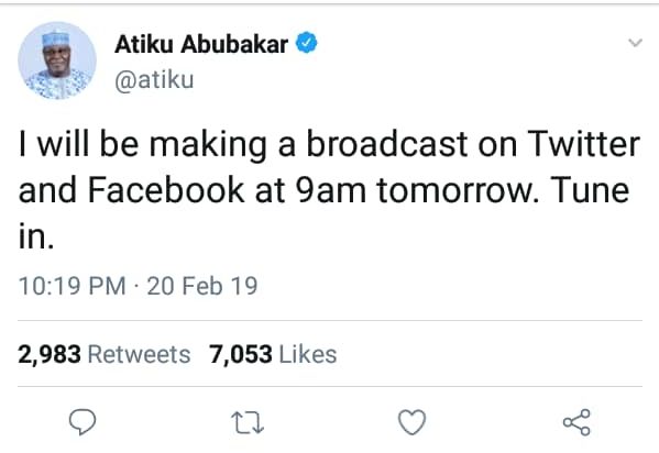Atiku to make broadcast on Twitter, Facebook at 9am