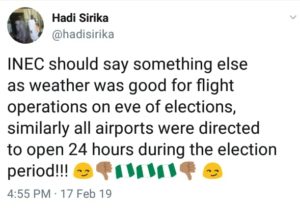 Your excuse of bad weather, a lie, Aviation Minister to INEC Chairman