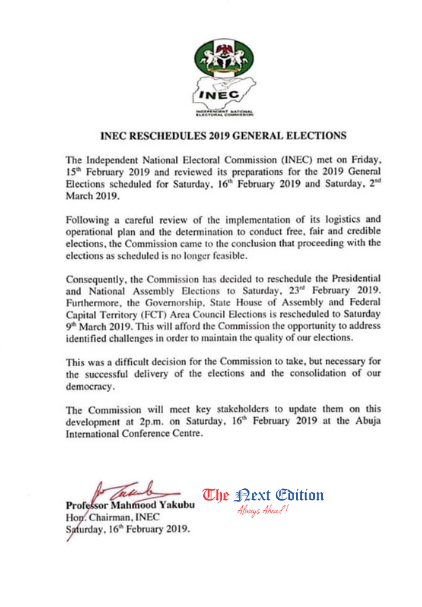 BREAKING: INEC Postpones Presidential election To Feb. 23rd