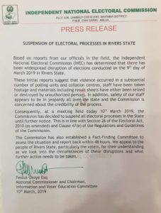 INEC Suspends All Electoral Processes in Rivers