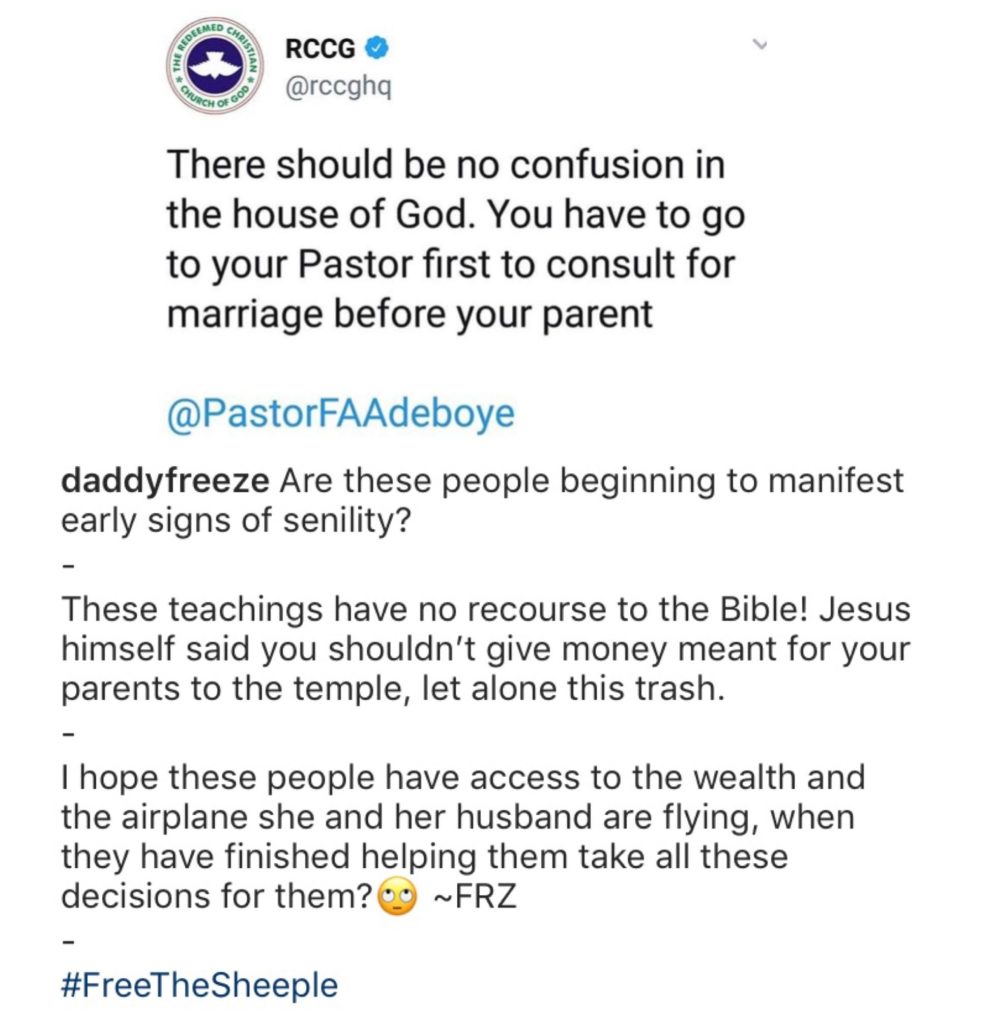 Leke Adeboye, the last son and Senior Personal Assistant of the General Overseer of the Redeemed Christian Church of God, Pastor Enoch Adeboye has sent threat messages to Cool FM’s On-Air Personality, Daddy Freeze, for criticizing his mother, Foluke Adeboye over her message on marriage. The Redeemed Christian Church of God, RCCG official twitter account had posted the advise given to the youths by Foluke Adeboye on seeking the counsel of their pastors first before their parents when they find their life partner. Daddy Freeze, who is known to be a big critic of Nigerian pastors and