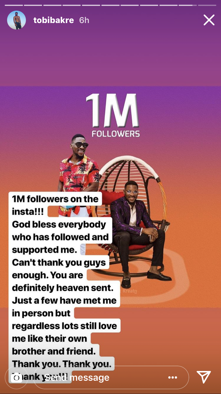 Ex BBN Star Tobi Bakre hits 1m on Instagram