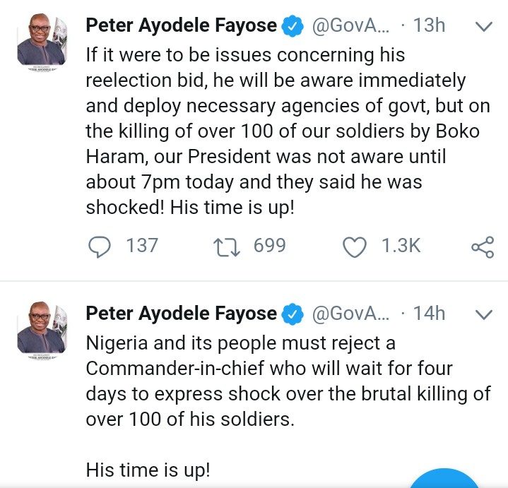 Metele Attack: Your Time is Up, Fayose tells Buhari