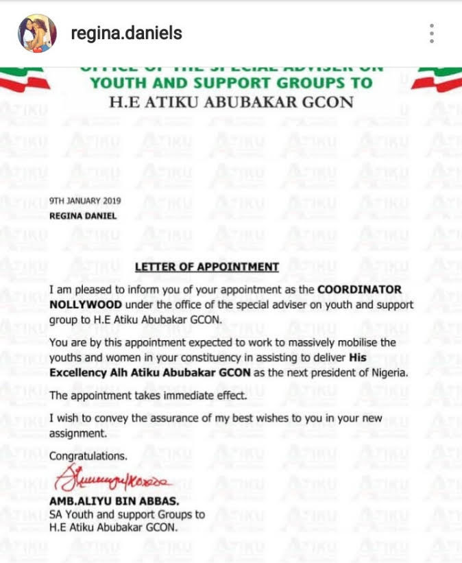 Actress Regina Daniels appointed Atiku campaign youth coordinator