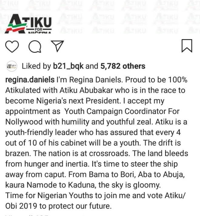 Actress Regina Daniels appointed Atiku campaign youth coordinator