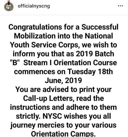NYSC Announces June 18 Commencement Date for Batch "B" Stream 1, 2019