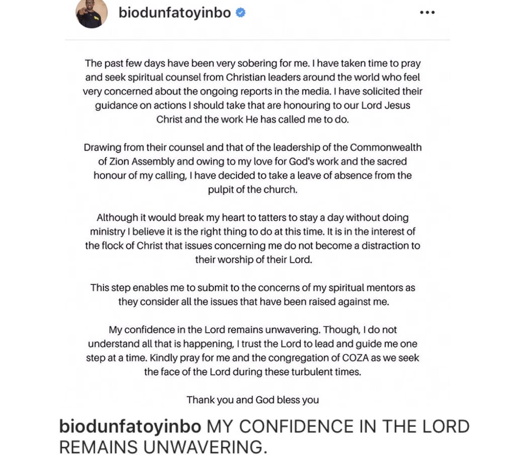 BREAKING: Pastor Biodun Fatoyinbo of COZA Steps Down From the Pulpit Over Rape Allegations
