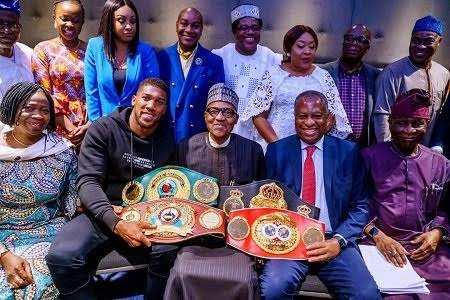 Anthony Joshua Presents Belts To Buhari (photos)
