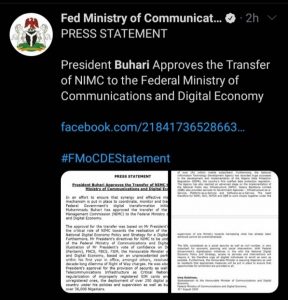 FG Transfers NIMC To Fed. Min. Of Communications