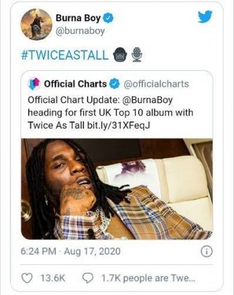 Burna Boy’s Twice As Tall Album Makes UK’s Top 10 Albums – The Next Edition