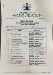 Akwa Ibom Govt Assigns Portfolios To 8 New Commissioners, Re-assigns Others