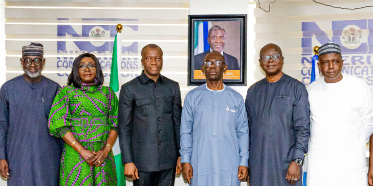 Alt="L-R - Engr. Aliyu Yusuf Aboki , Executive Secretary WATRA; Mrs Nneena Ukoa, Head Public Affairs, Nigerian Communications Commission; Hon. Clarence K. Massaquoi, Chairman Board of Commissioners, Liberia Telecommunications Authority; Kelechi Nwankwo, Director Corporate planning, strategy and Risk Management(NCC); Hon. Ben Fofana, Commissioner with oversight responsibility for Licensing and Regulation (LTA); Usman Mamman Director, Licensing & Authorization (NCC) during a courtesy visit to the Commission’s Headquarters in Abuja on 30th January, 2026"